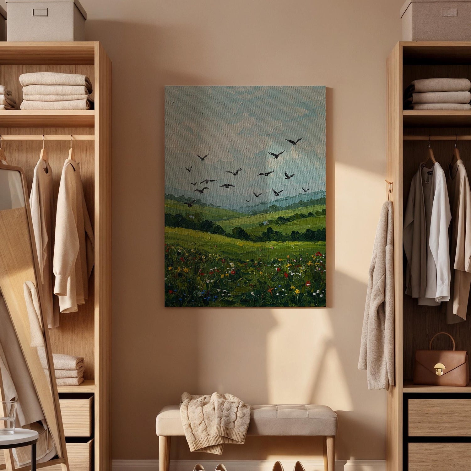 Green Landscape Canvas Wall Art, Birds in Sky Print, Nature Field Artwork,Framed Countryside Decor,Rustic Farmhouse Painting for Living Room
