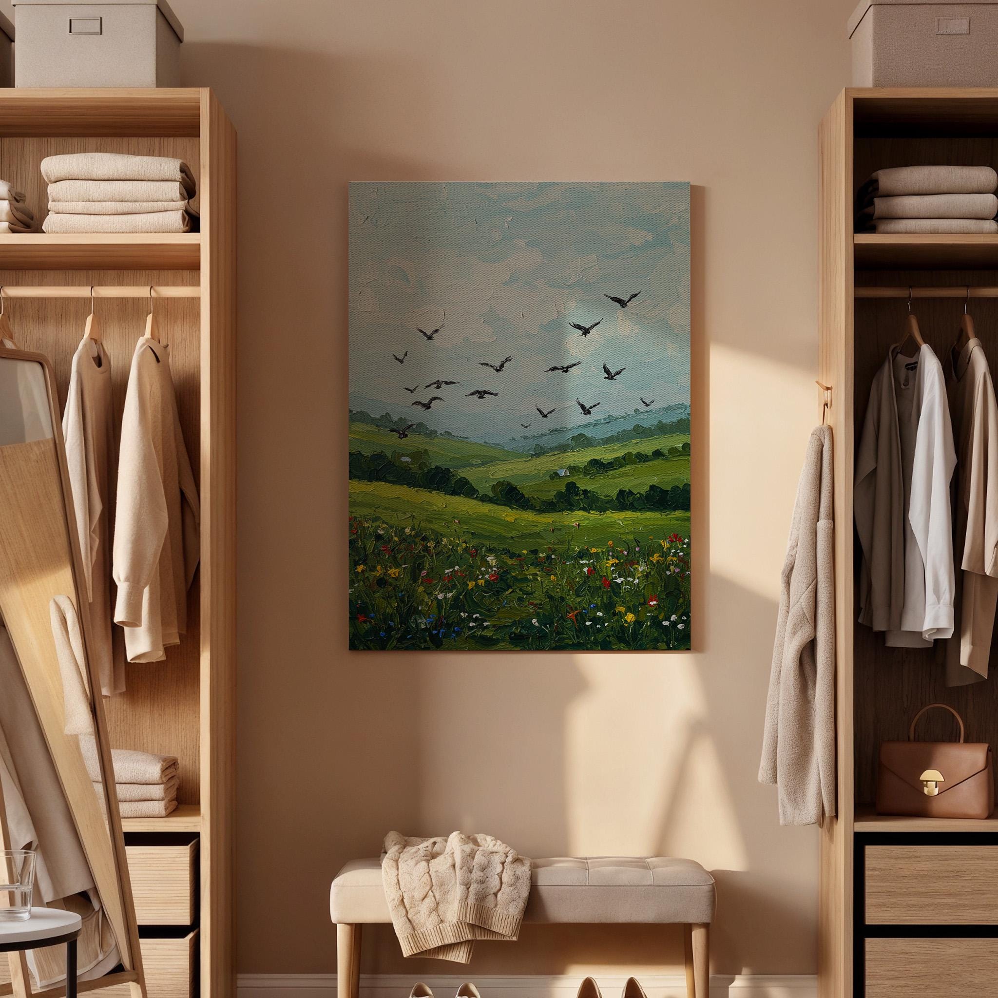 Green Landscape Canvas Wall Art, Birds in Sky Print, Nature Field Artwork,Framed Countryside Decor,Rustic Farmhouse Painting for Living Room