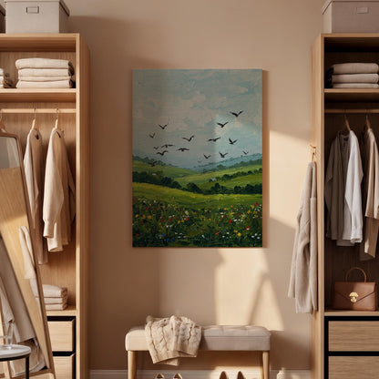 Green Landscape Canvas Wall Art, Birds in Sky Print, Nature Field Artwork,Framed Countryside Decor,Rustic Farmhouse Painting for Living Room