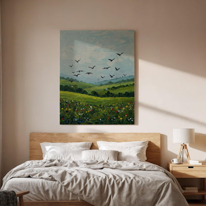 Green Landscape Canvas Wall Art, Birds in Sky Print, Nature Field Artwork,Framed Countryside Decor,Rustic Farmhouse Painting for Living Room