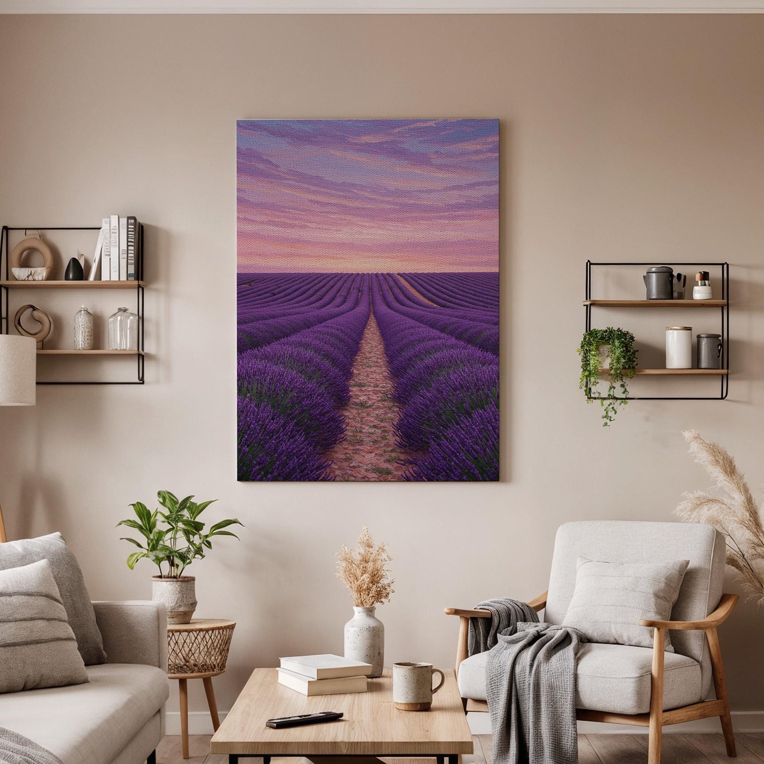 Lavender Field Canvas Wall Art, Purple Sunset Landscape Print, Framed Provence Artwork, Rustic Countryside Decor for Bedroom or Living Room