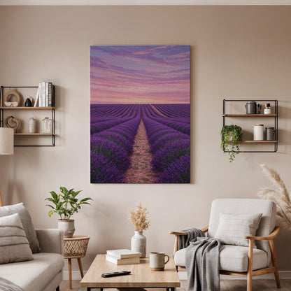 Lavender Field Canvas Wall Art, Purple Sunset Landscape Print, Framed Provence Artwork, Rustic Countryside Decor for Bedroom or Living Room