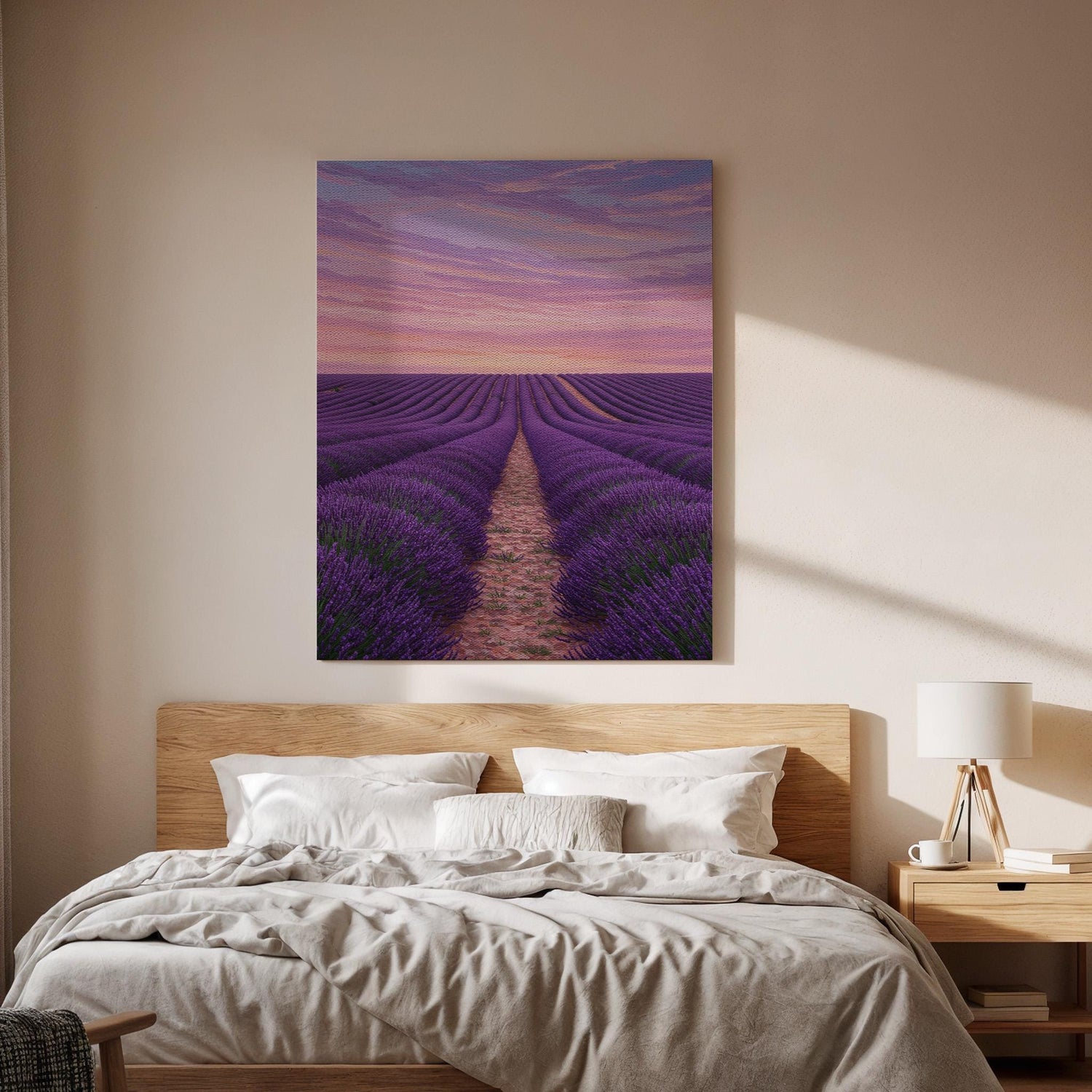 Lavender Field Canvas Wall Art, Purple Sunset Landscape Print, Framed Provence Artwork, Rustic Countryside Decor for Bedroom or Living Room