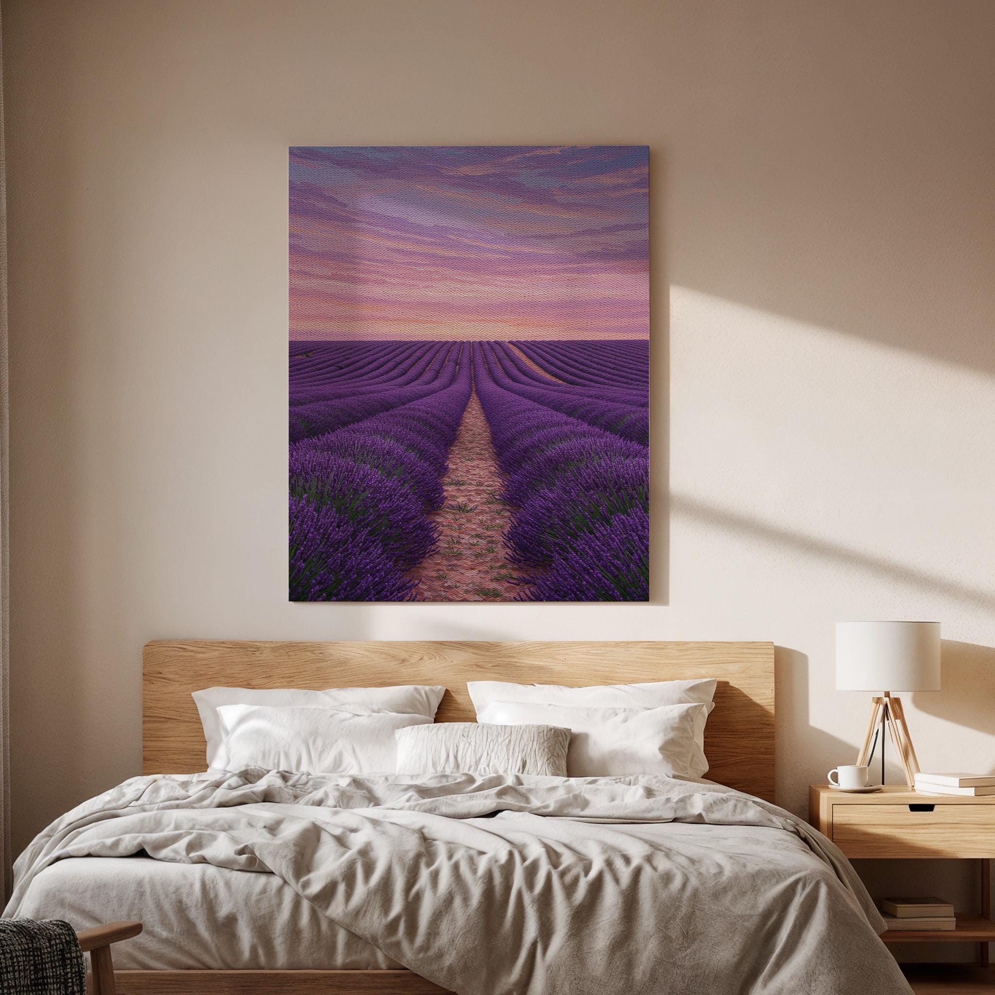 Lavender Field Canvas Wall Art, Purple Sunset Landscape Print, Framed Provence Artwork, Rustic Countryside Decor for Bedroom or Living Room