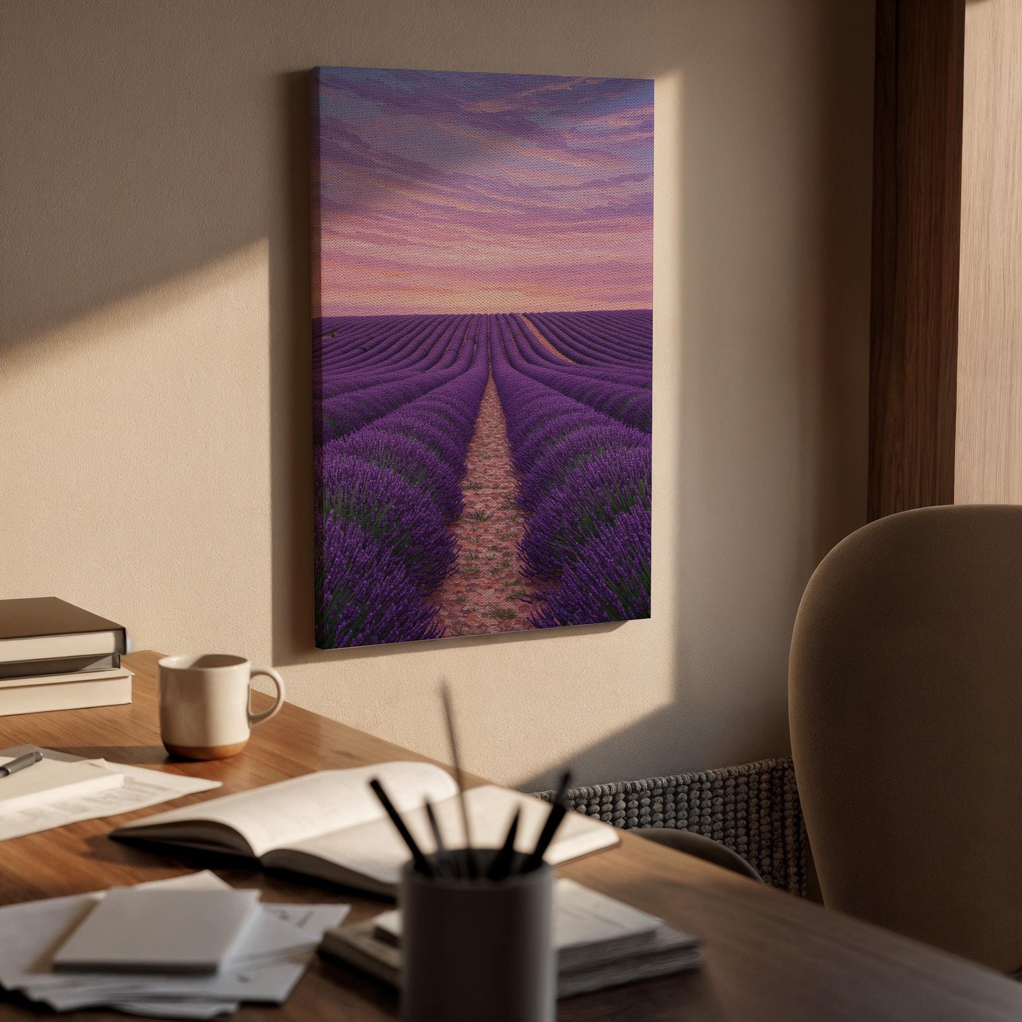 Lavender Field Canvas Wall Art, Purple Sunset Landscape Print, Framed Provence Artwork, Rustic Countryside Decor for Bedroom or Living Room