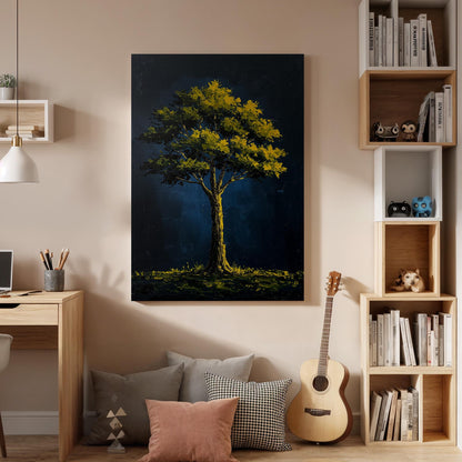 Golden Tree Canvas Wall Art, Dark Blue Night Print, Framed Nature Artwork, Modern Abstract Decor, Elegant Botanical Painting for Living Room