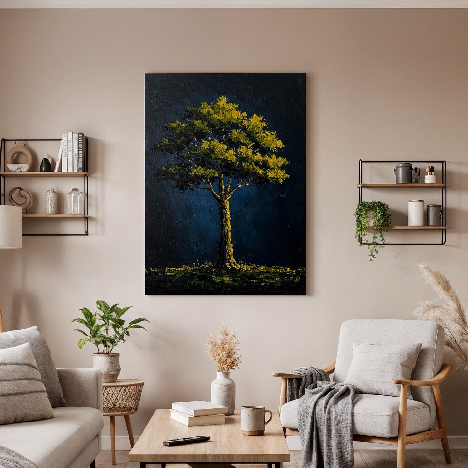 Golden Tree Canvas Wall Art, Dark Blue Night Print, Framed Nature Artwork, Modern Abstract Decor, Elegant Botanical Painting for Living Room