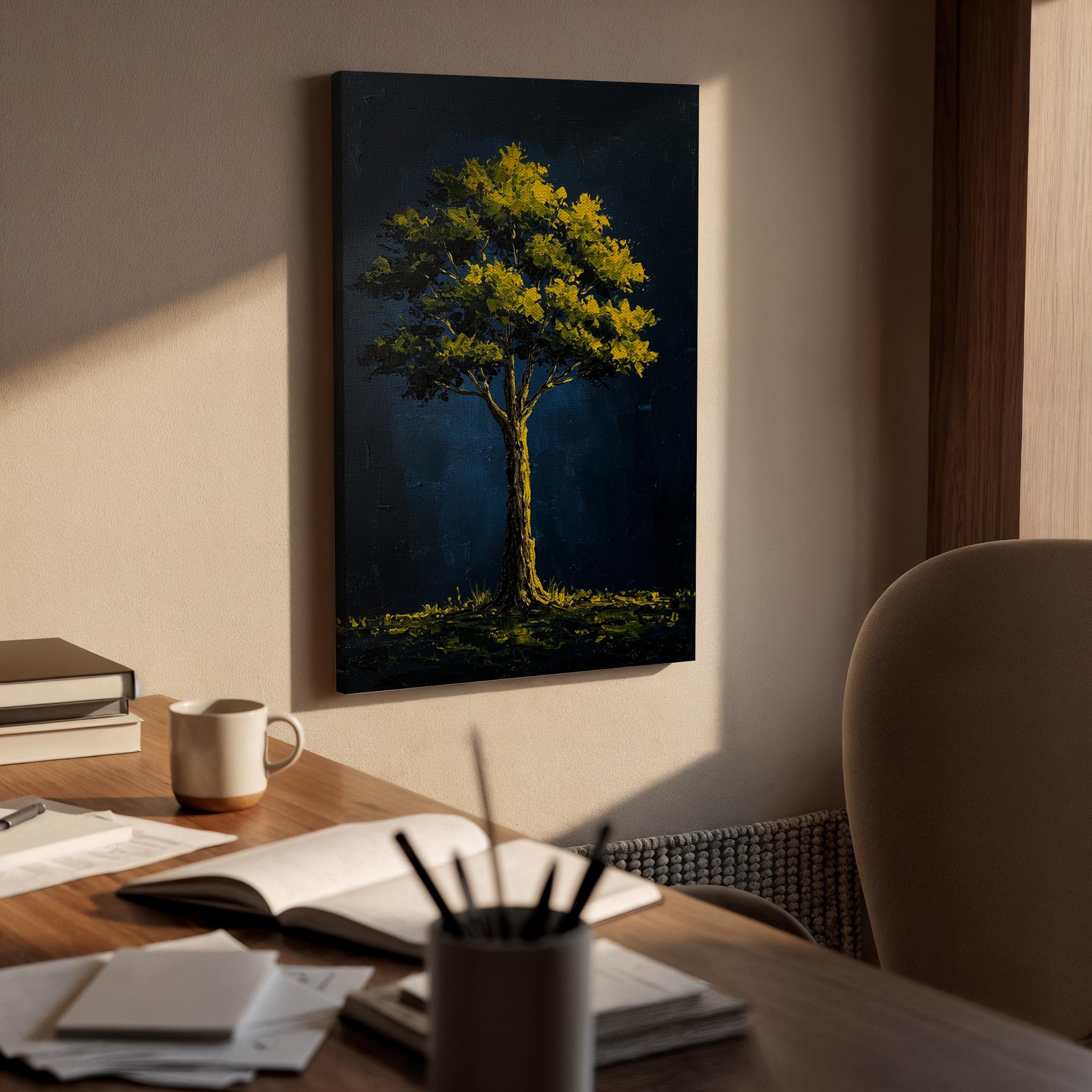Golden Tree Canvas Wall Art, Dark Blue Night Print, Framed Nature Artwork, Modern Abstract Decor, Elegant Botanical Painting for Living Room