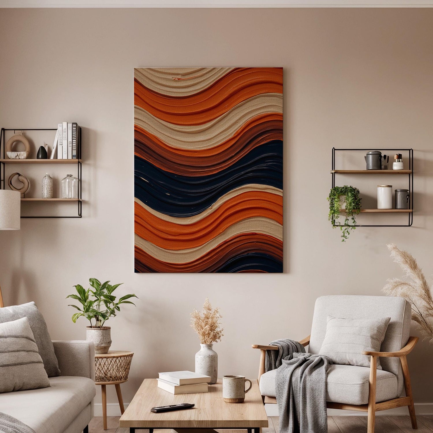 Orange Blue Wave Canvas Wall Art, Abstract Geometric Print, Framed Modern Artwork, Minimal Decor, Vibrant Pattern Painting for Living Room