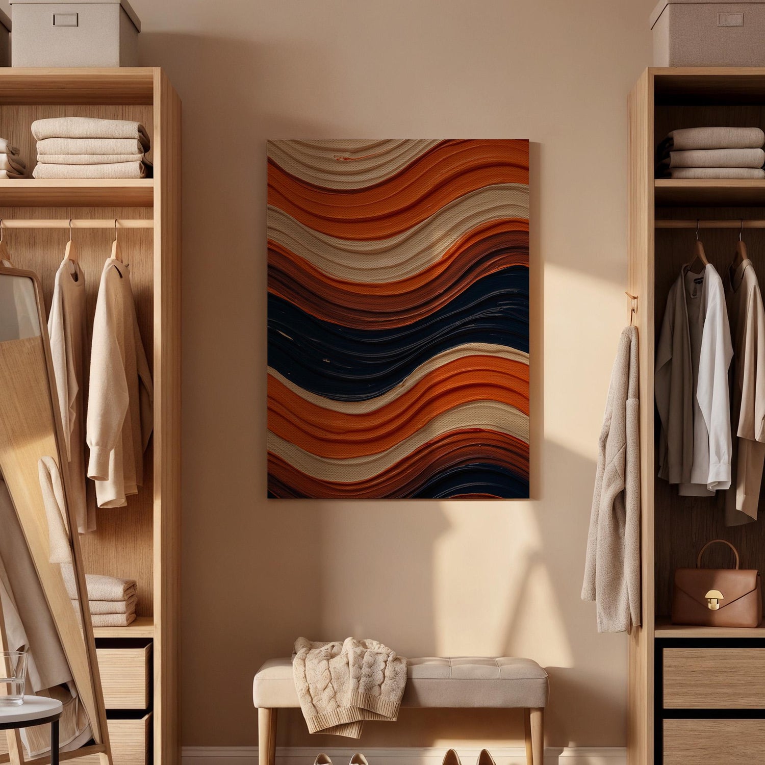Orange Blue Wave Canvas Wall Art, Abstract Geometric Print, Framed Modern Artwork, Minimal Decor, Vibrant Pattern Painting for Living Room