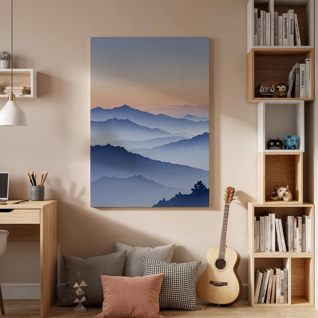 Mountain Sunset Canvas Wall Art, Misty Layered Landscape Print, Serene Nature Framed Decor for Bedroom, Living Room, Meditation Space