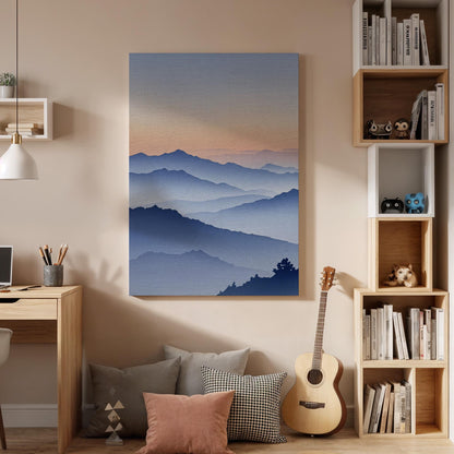 Mountain Sunset Canvas Wall Art, Misty Layered Landscape Print, Serene Nature Framed Decor for Bedroom, Living Room, Meditation Space