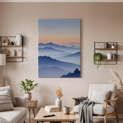 Mountain Sunset Canvas Wall Art, Misty Layered Landscape Print, Serene Nature Framed Decor for Bedroom, Living Room, Meditation Space