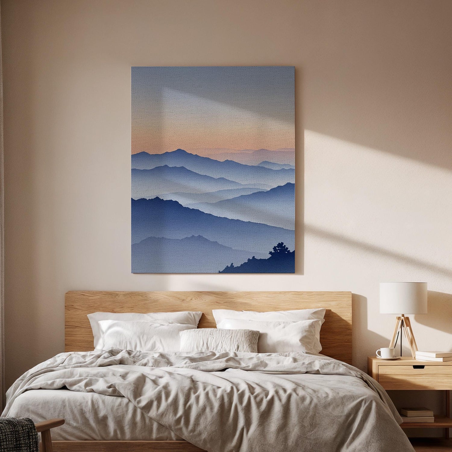 Mountain Sunset Canvas Wall Art, Misty Layered Landscape Print, Serene Nature Framed Decor for Bedroom, Living Room, Meditation Space