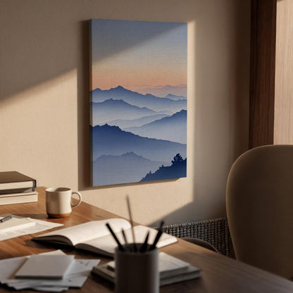 Mountain Sunset Canvas Wall Art, Misty Layered Landscape Print, Serene Nature Framed Decor for Bedroom, Living Room, Meditation Space