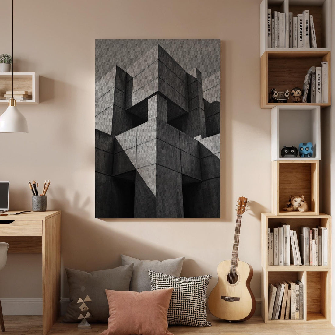 Brutalist Architecture Canvas Wall Art, Geometric Concrete Abstract Print, Modern Minimal Framed Decor for Office, Living Room or Studio