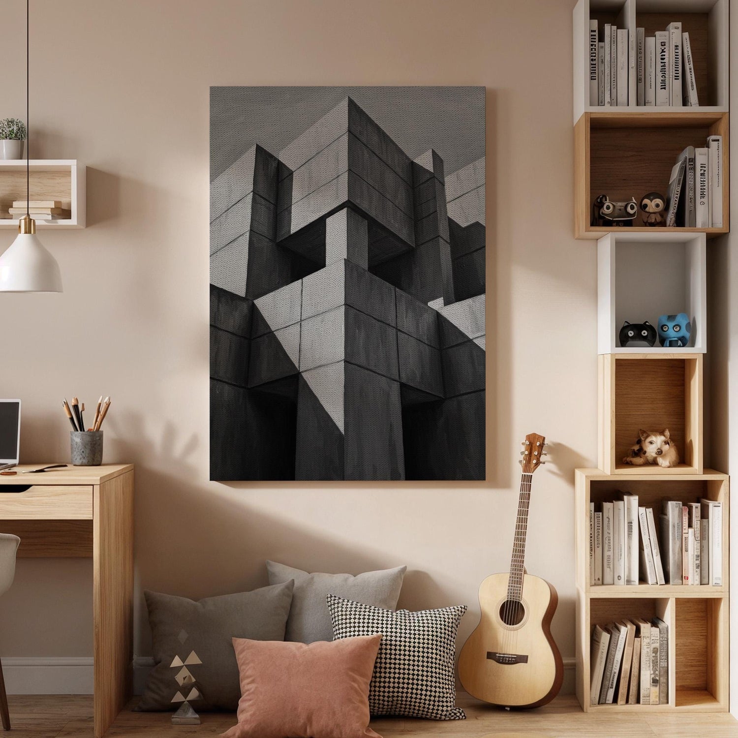 Brutalist Architecture Canvas Wall Art, Geometric Concrete Abstract Print, Modern Minimal Framed Decor for Office, Living Room or Studio