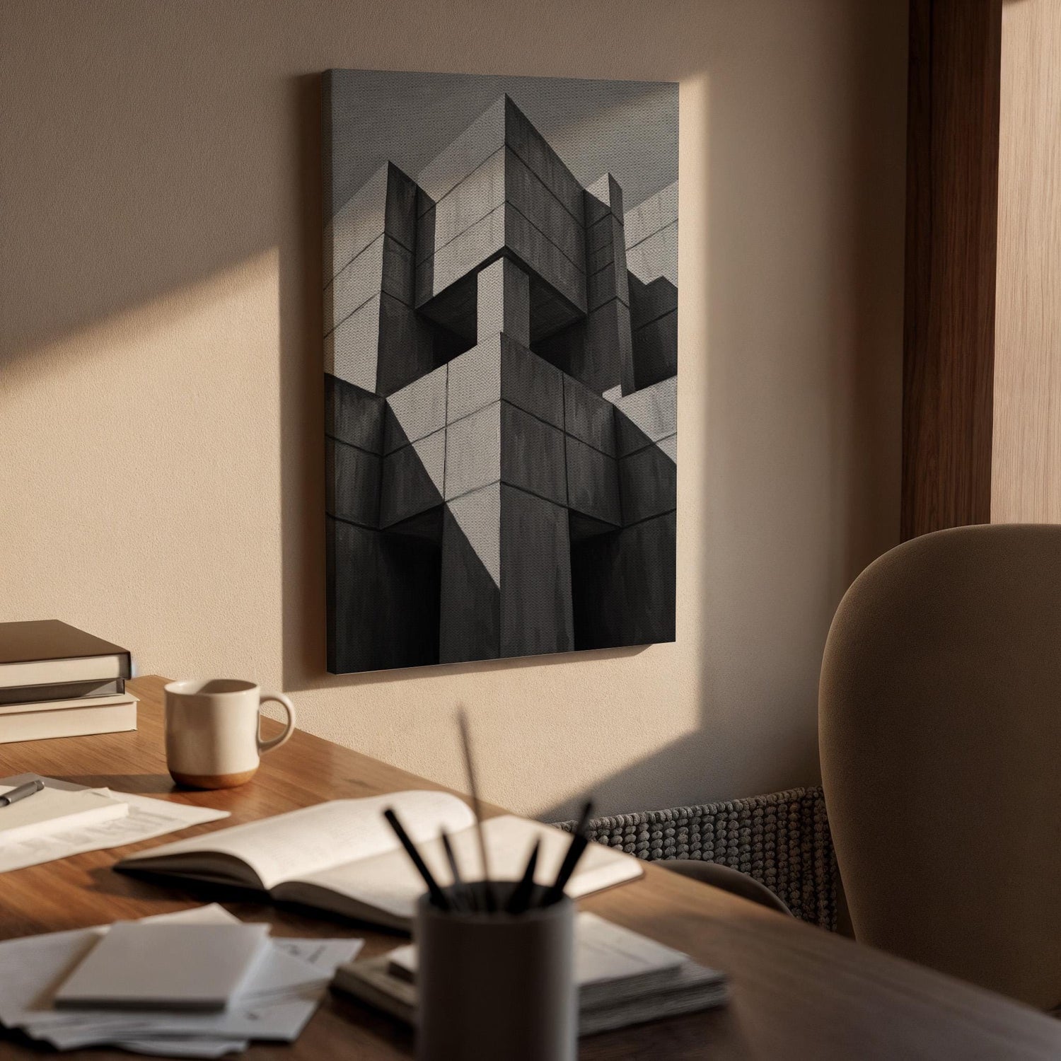 Brutalist Architecture Canvas Wall Art, Geometric Concrete Abstract Print, Modern Minimal Framed Decor for Office, Living Room or Studio