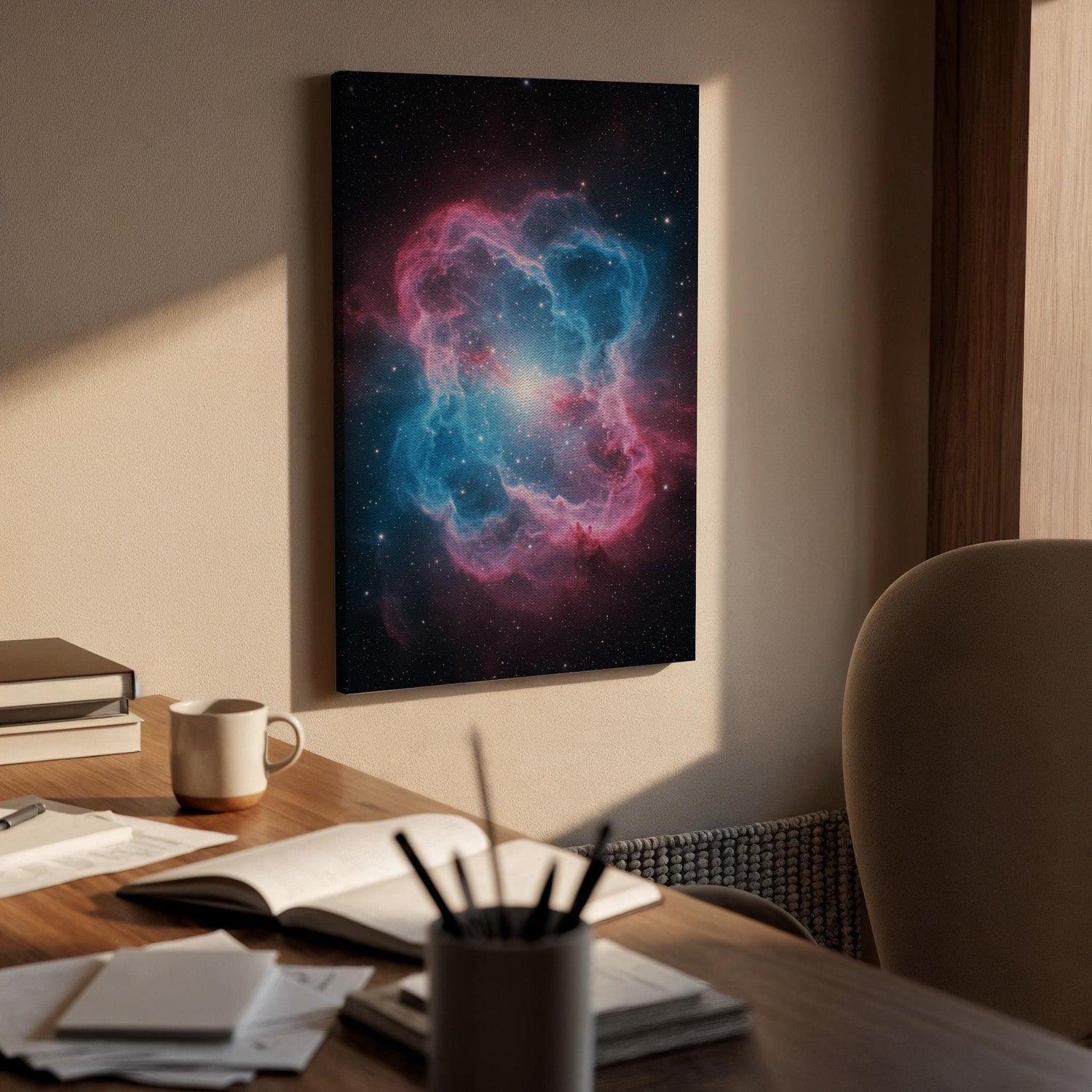 Nebula Space Canvas Art, Pink Blue Galaxy Print, Framed Cosmic Decor