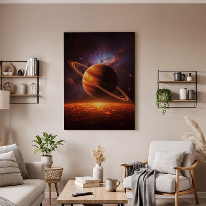 Ringed Planet Space Canvas Wall Art, Fiery Cosmic Galaxy Print, Sci Fi Astronomical Framed Decor for Bedroom, Living Room, Office or Studio