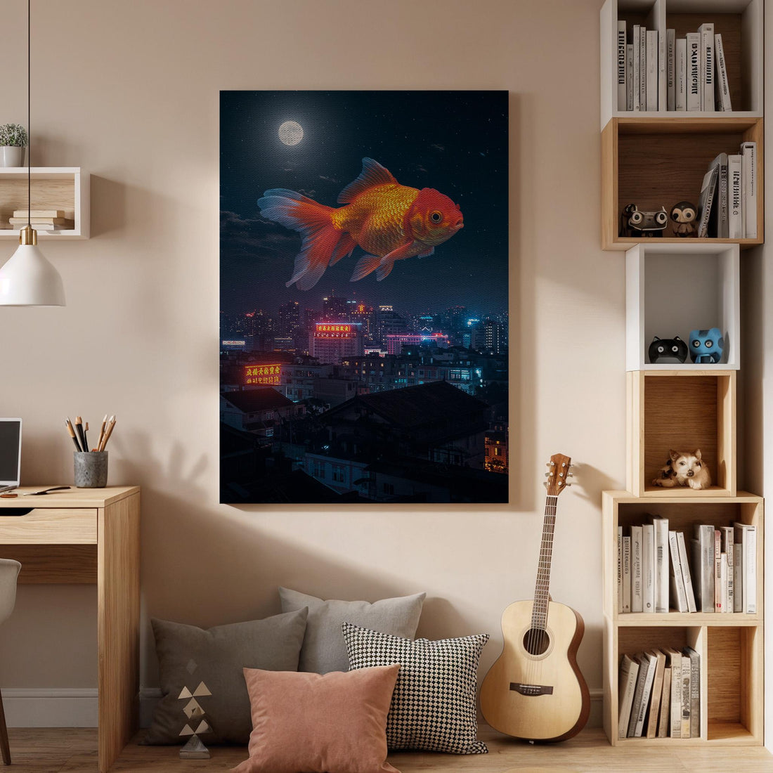 Giant Goldfish Canvas Print, Framed Surreal Night City Art