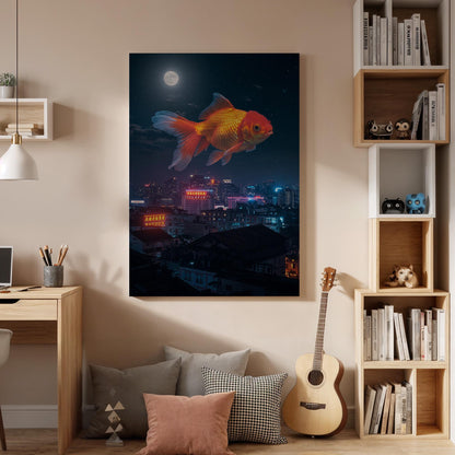 Giant Goldfish Canvas Print, Framed Surreal Night City Art
