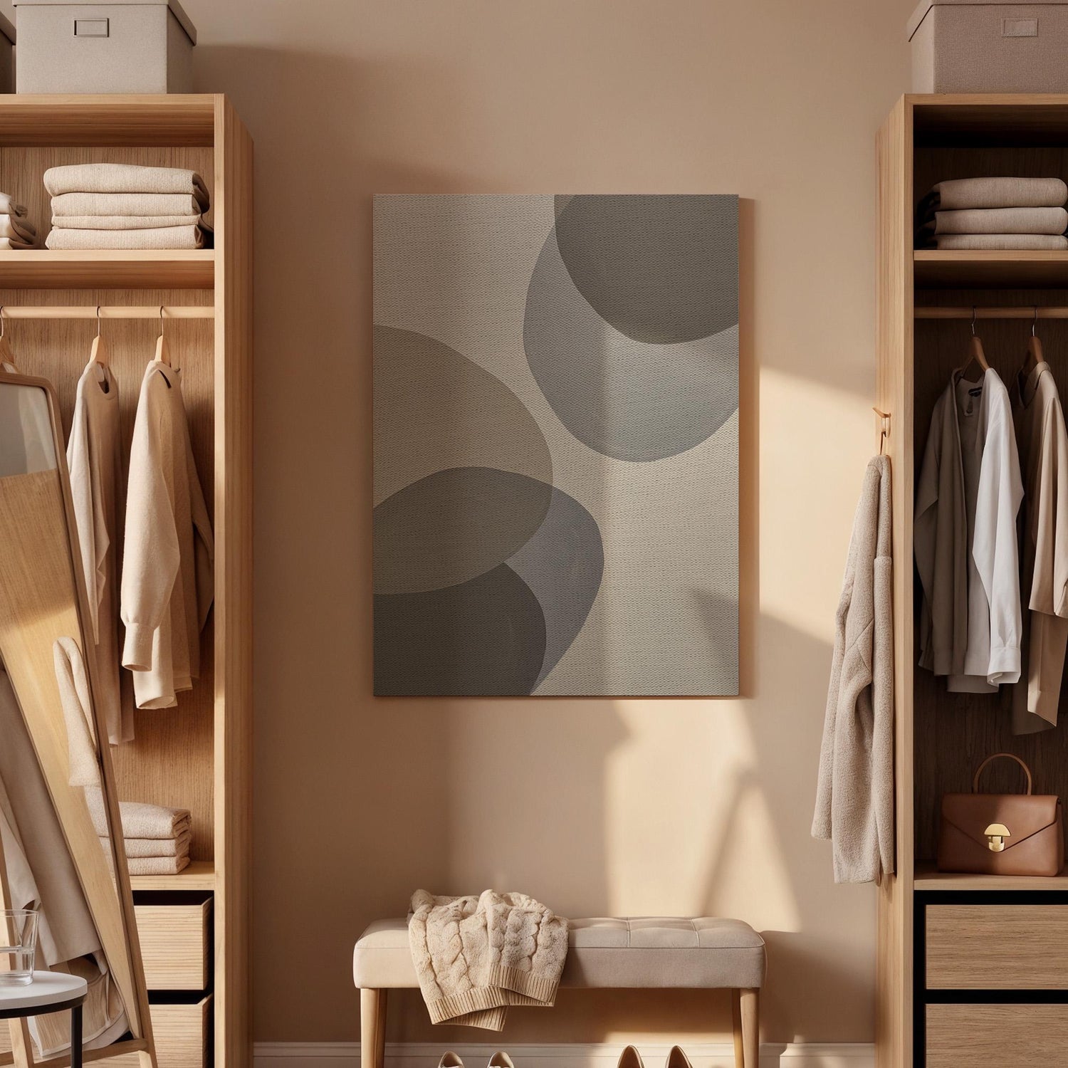 Minimalist Canvas Wall Art Framed, Neutral Abstract Geometric Print, Beige Grey Modern Decor for Living Room, Bedroom, Office or Entryway
