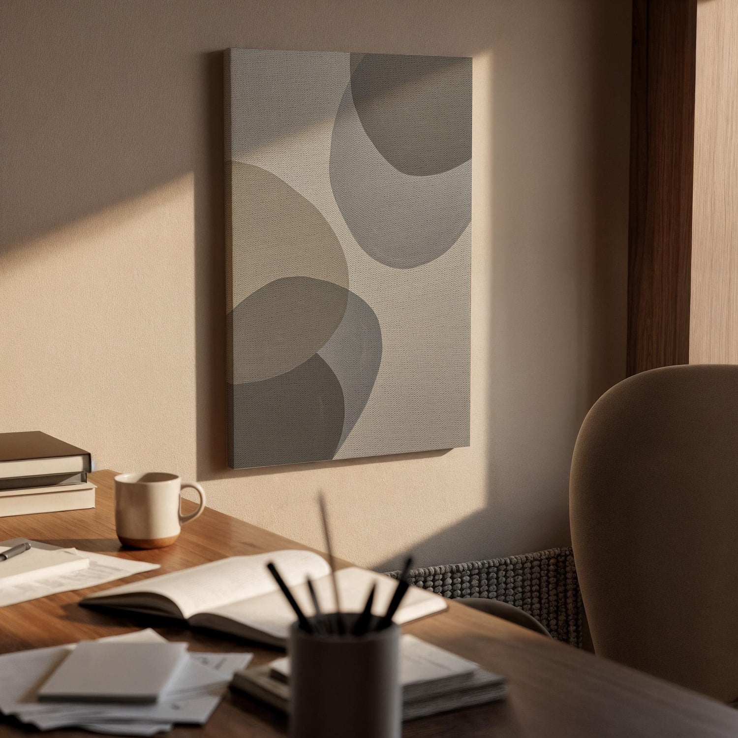 Minimalist Canvas Wall Art Framed, Neutral Abstract Geometric Print, Beige Grey Modern Decor for Living Room, Bedroom, Office or Entryway