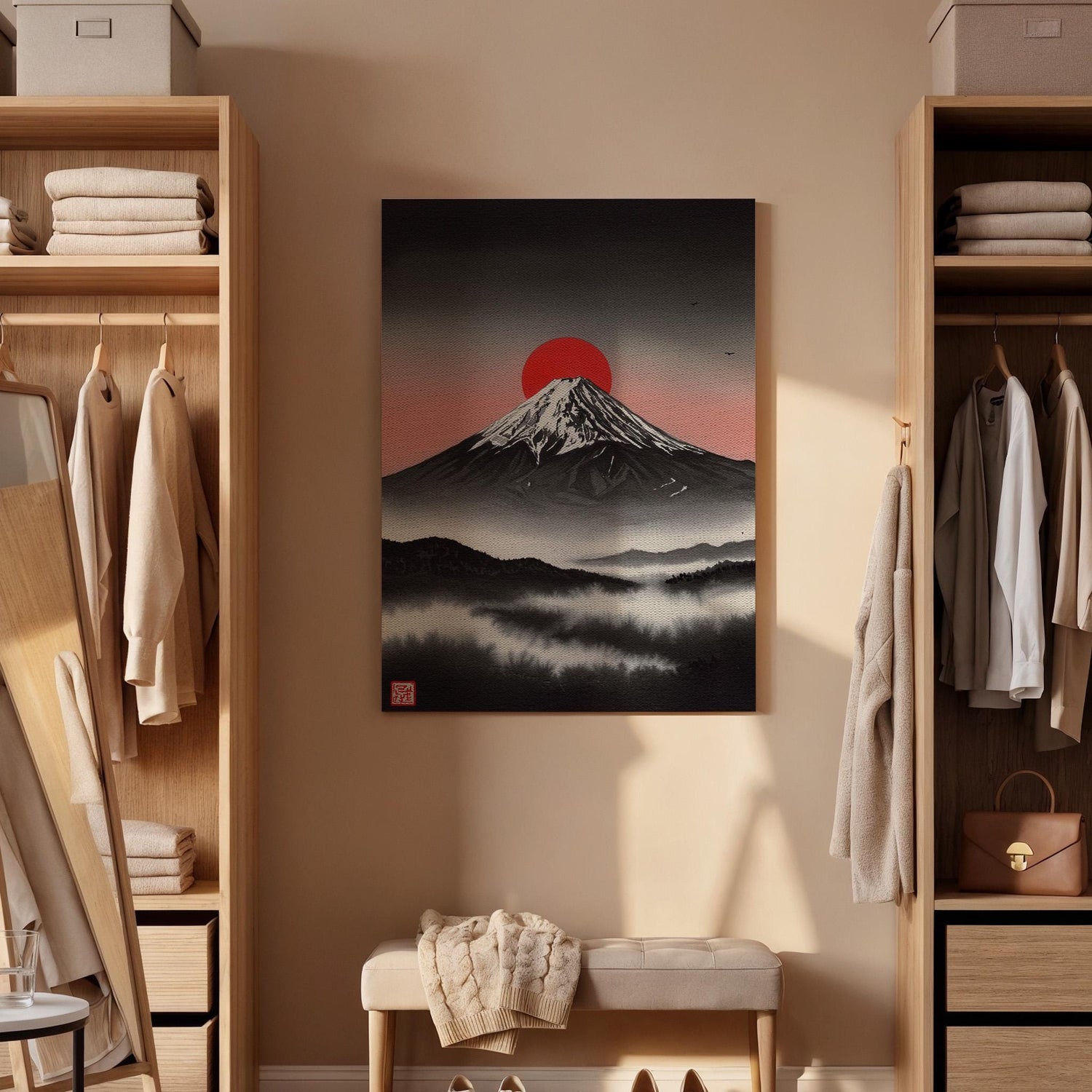 Japanese Mount Fuji Canvas Wall Art Framed, Red Sun Minimal Landscape Print, Zen Asian Nature Decor for Living Room, Meditation Space