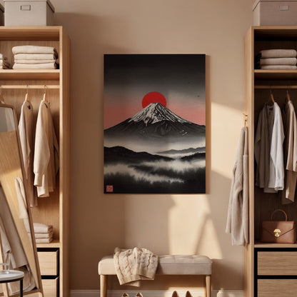 Japanese Mount Fuji Canvas Wall Art Framed, Red Sun Minimal Landscape Print, Zen Asian Nature Decor for Living Room, Meditation Space