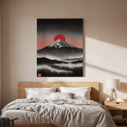 Japanese Mount Fuji Canvas Wall Art Framed, Red Sun Minimal Landscape Print, Zen Asian Nature Decor for Living Room, Meditation Space