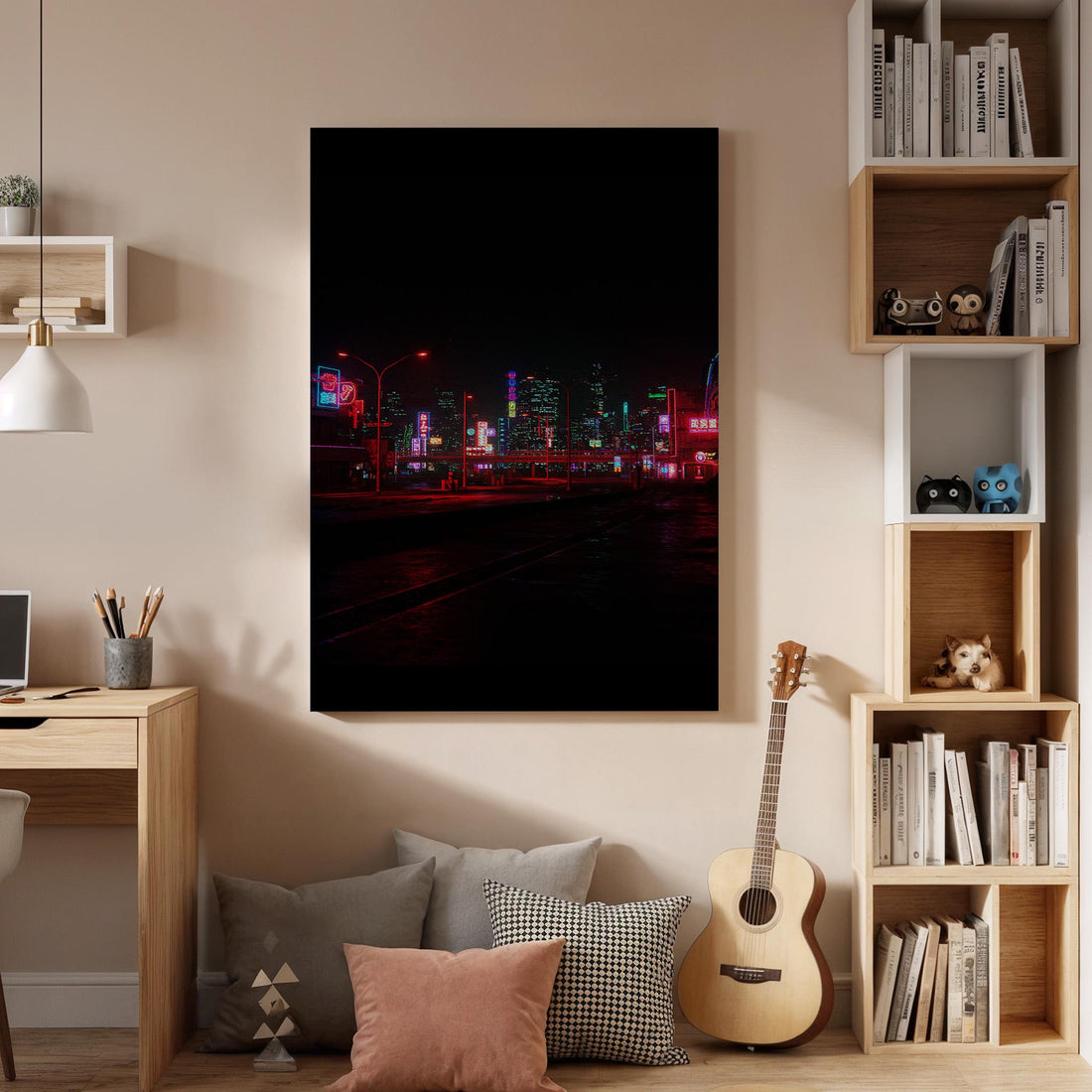 Neon City Night Canvas Wall Art Framed, Futuristic Urban Skyline Print, Dark Modern Street Lights Photography Decor for Bedroom or Office