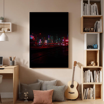 Neon City Night Canvas Wall Art Framed, Futuristic Urban Skyline Print, Dark Modern Street Lights Photography Decor for Bedroom or Office