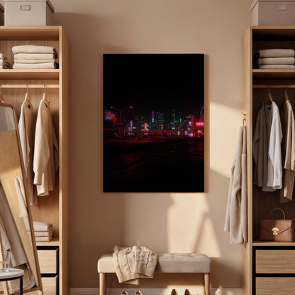 Neon City Night Canvas Wall Art Framed, Futuristic Urban Skyline Print, Dark Modern Street Lights Photography Decor for Bedroom or Office