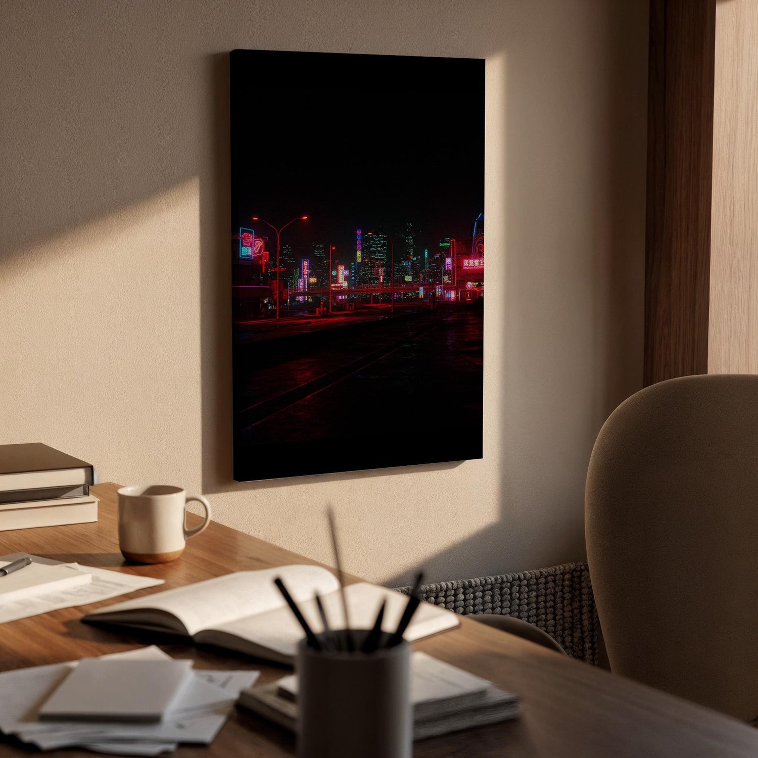 Neon City Night Canvas Wall Art Framed, Futuristic Urban Skyline Print, Dark Modern Street Lights Photography Decor for Bedroom or Office