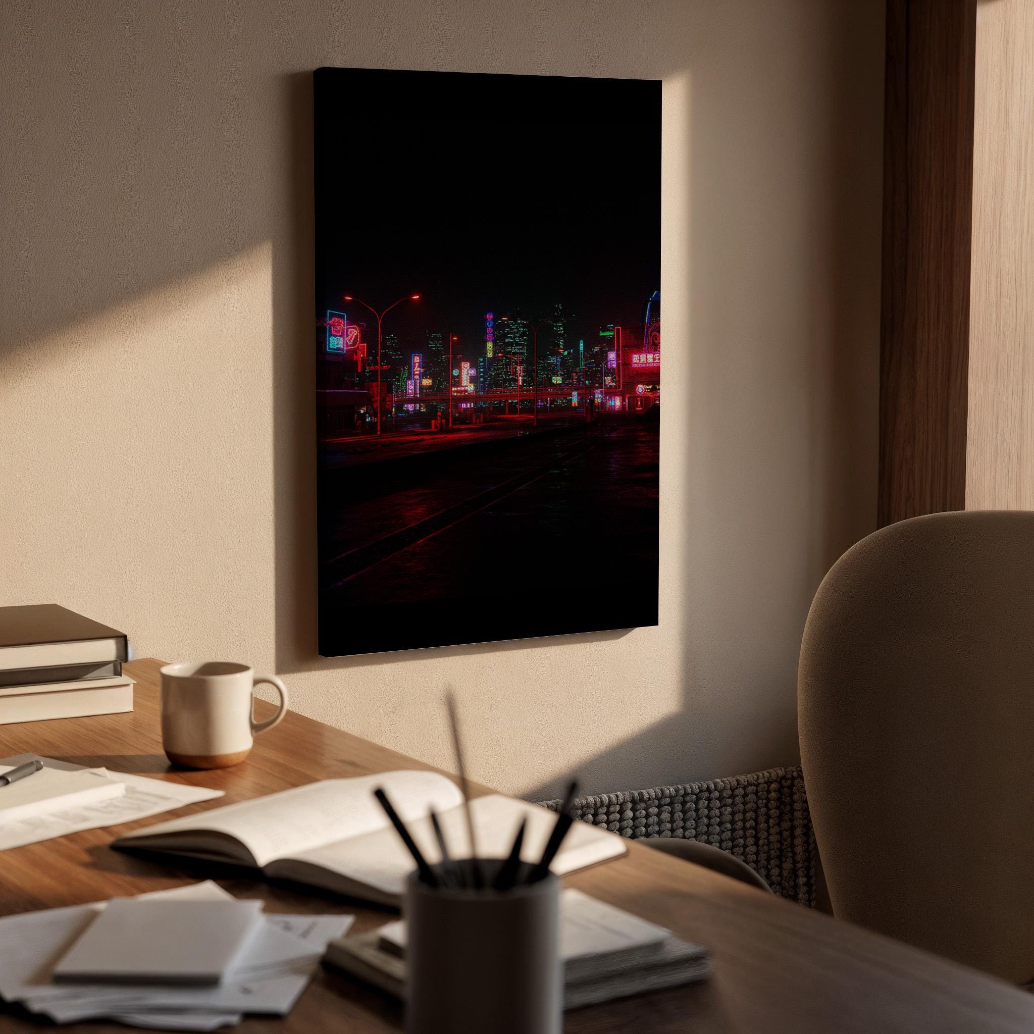 Neon City Night Canvas Wall Art Framed, Futuristic Urban Skyline Print, Dark Modern Street Lights Photography Decor for Bedroom or Office