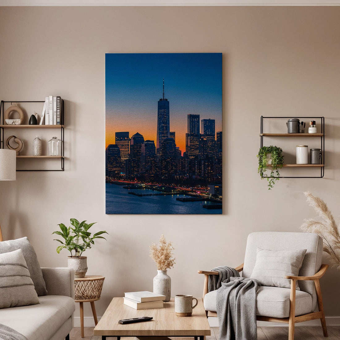New York City Skyline Canvas Wall Art, Sunset Cityscape Print with Skyscrapers, Framed Modern Urban Decor for Living Room or Office