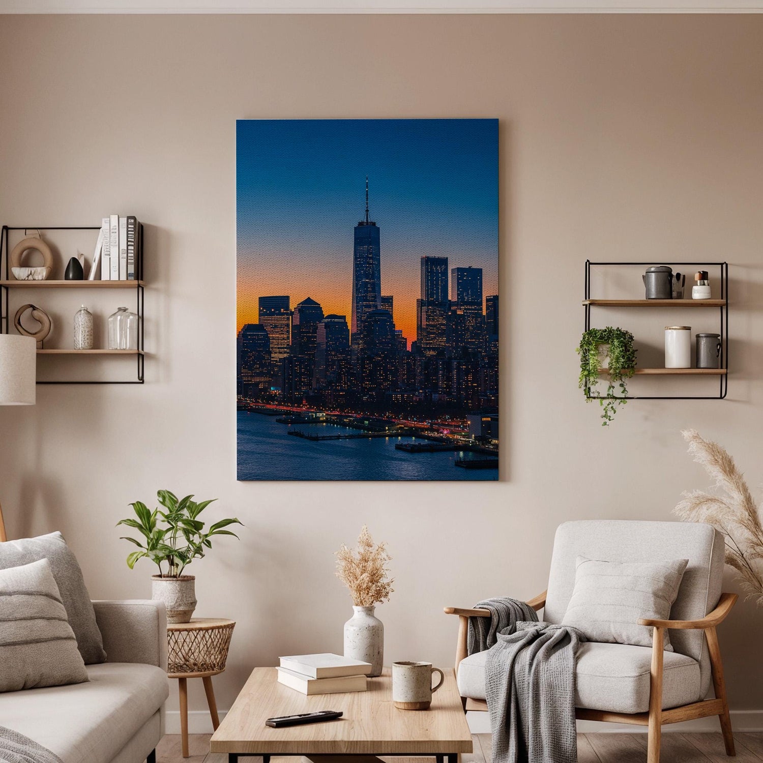 New York City Skyline Canvas Wall Art, Sunset Cityscape Print with Skyscrapers, Framed Modern Urban Decor for Living Room or Office