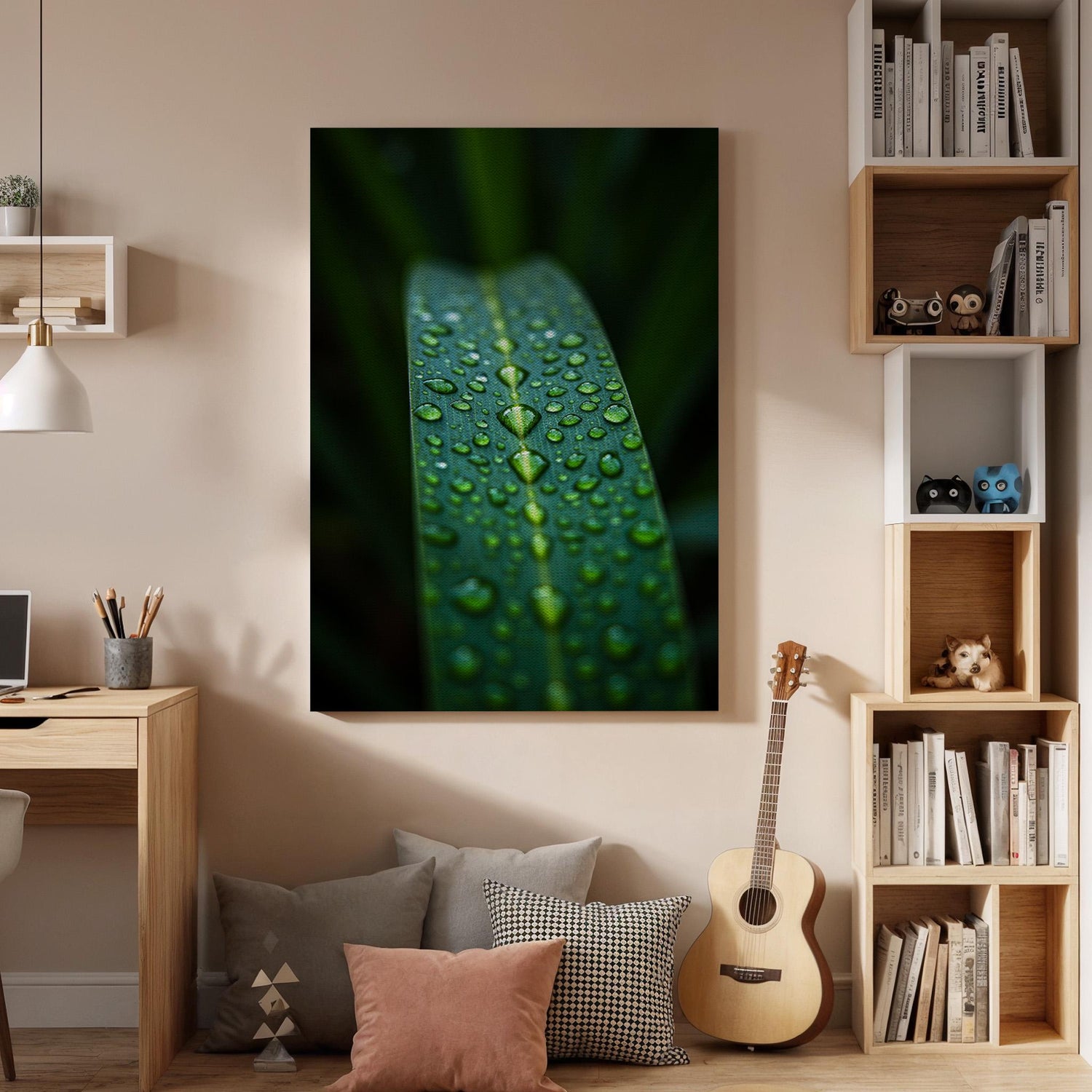 Dew Drops Leaf Canvas Wall Art, Macro Nature Photography Print, Green Botanical Decor, Framed Minimal Artwork for Living Room or Office