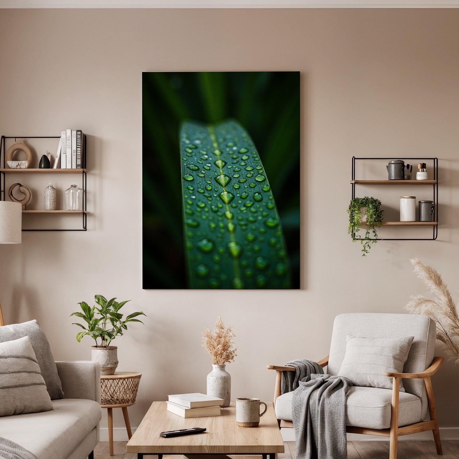 Dew Drops Leaf Canvas Wall Art, Macro Nature Photography Print, Green Botanical Decor, Framed Minimal Artwork for Living Room or Office
