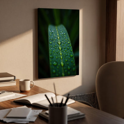 Dew Drops Leaf Canvas Wall Art, Macro Nature Photography Print, Green Botanical Decor, Framed Minimal Artwork for Living Room or Office