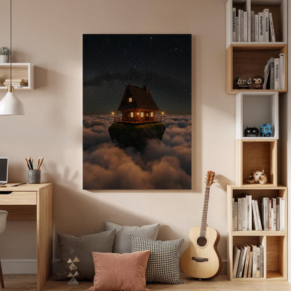 Floating Cabin Canvas Print, Fantasy Night Sky, Surreal Dreamscape