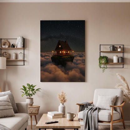 Floating Cabin Canvas Print, Fantasy Night Sky, Surreal Dreamscape