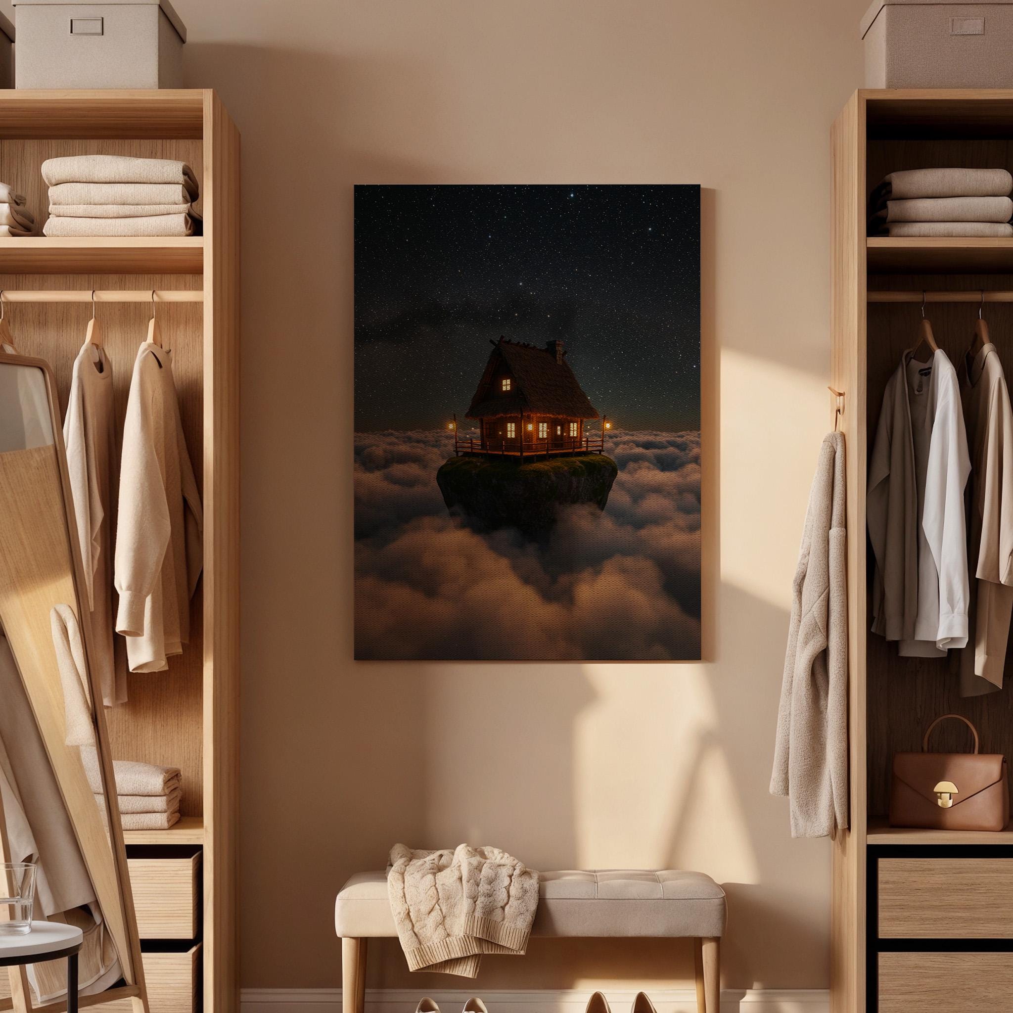 Floating Cabin Canvas Print, Fantasy Night Sky, Surreal Dreamscape