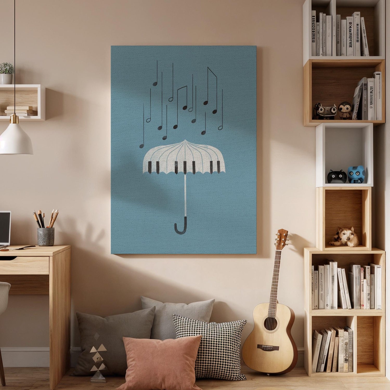 Umbrella Music Notes Canvas Wall Art, Minimal Illustration Print, Blue Modern Decor, Framed Abstract Artwork for Bedroom Living Room