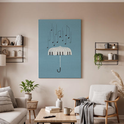Umbrella Music Notes Canvas Wall Art, Minimal Illustration Print, Blue Modern Decor, Framed Abstract Artwork for Bedroom Living Room
