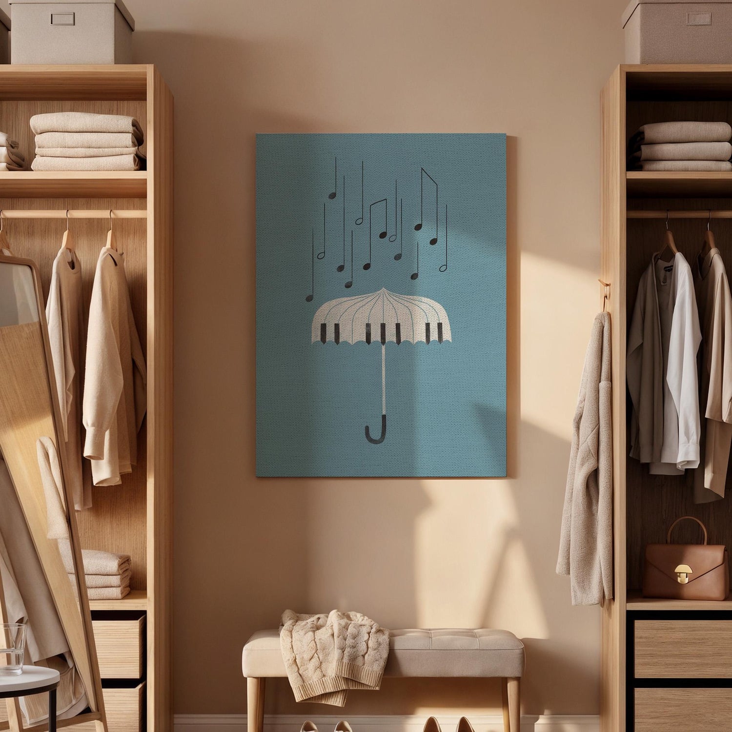 Umbrella Music Notes Canvas Wall Art, Minimal Illustration Print, Blue Modern Decor, Framed Abstract Artwork for Bedroom Living Room