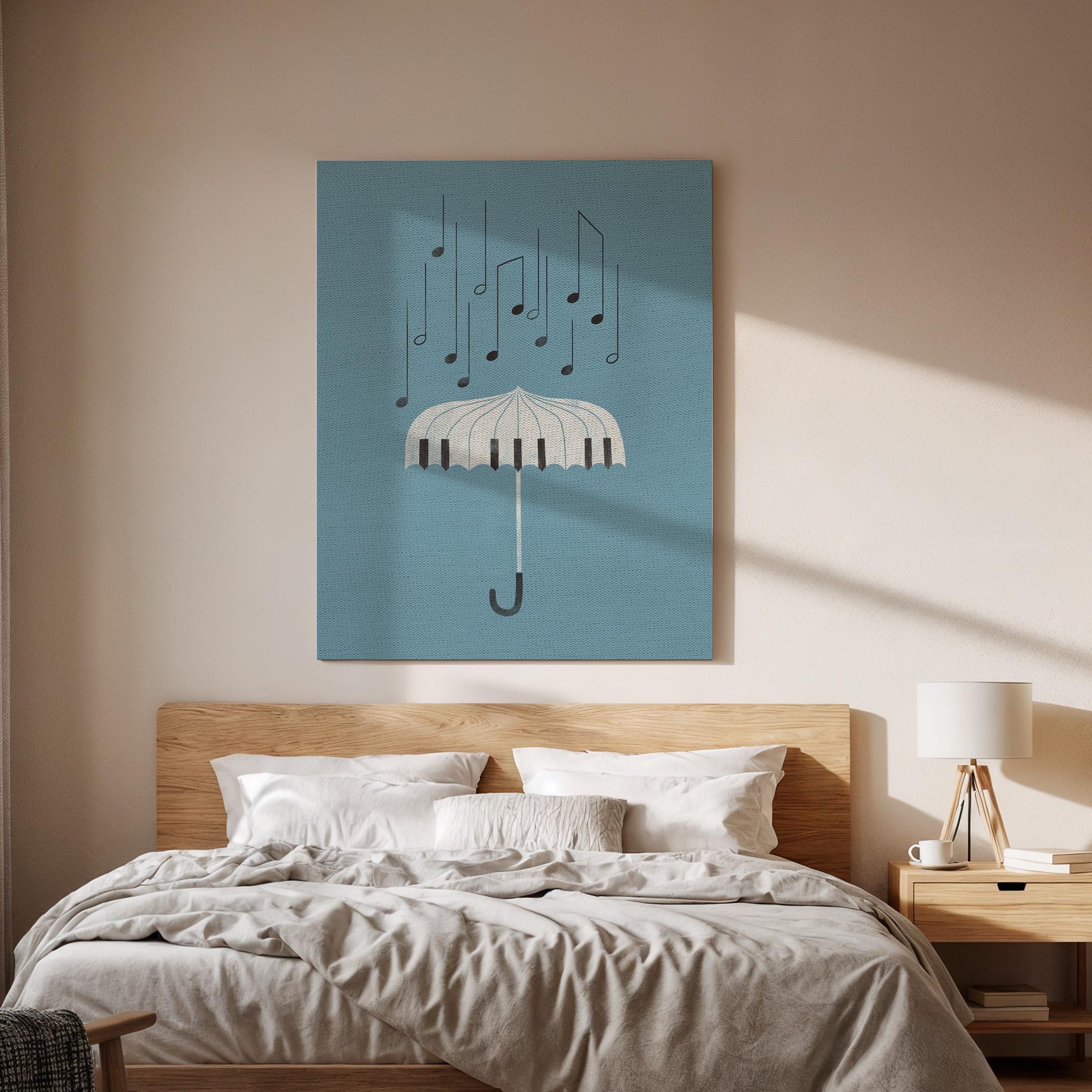 Umbrella Music Notes Canvas Wall Art, Minimal Illustration Print, Blue Modern Decor, Framed Abstract Artwork for Bedroom Living Room