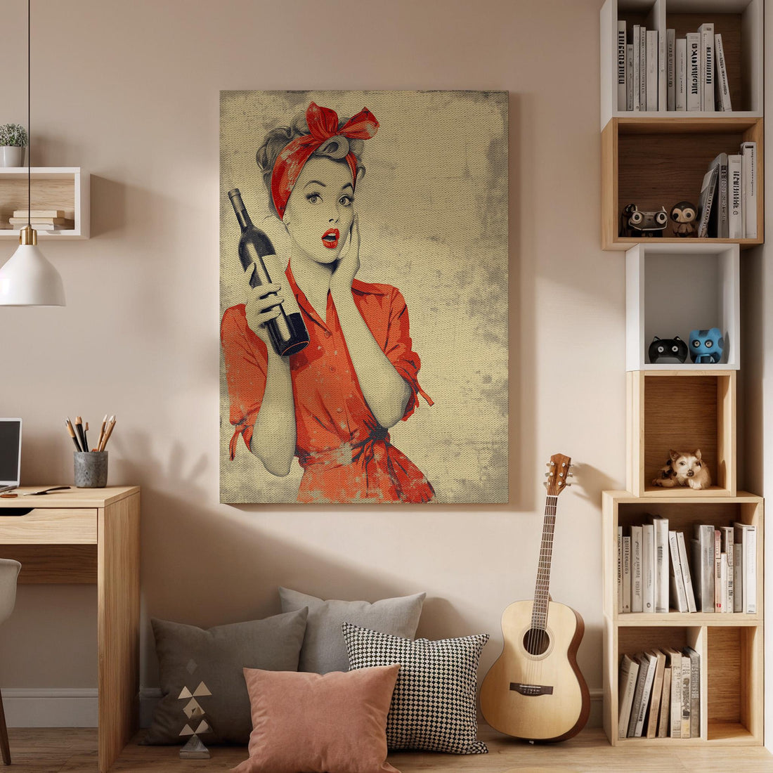 Retro Woman with Wine Bottle Canvas Wall Art, Vintage Pop Art Style Kitchen Print,Framed Colorful Artwork for Bar Dining Room or Wine Lovers