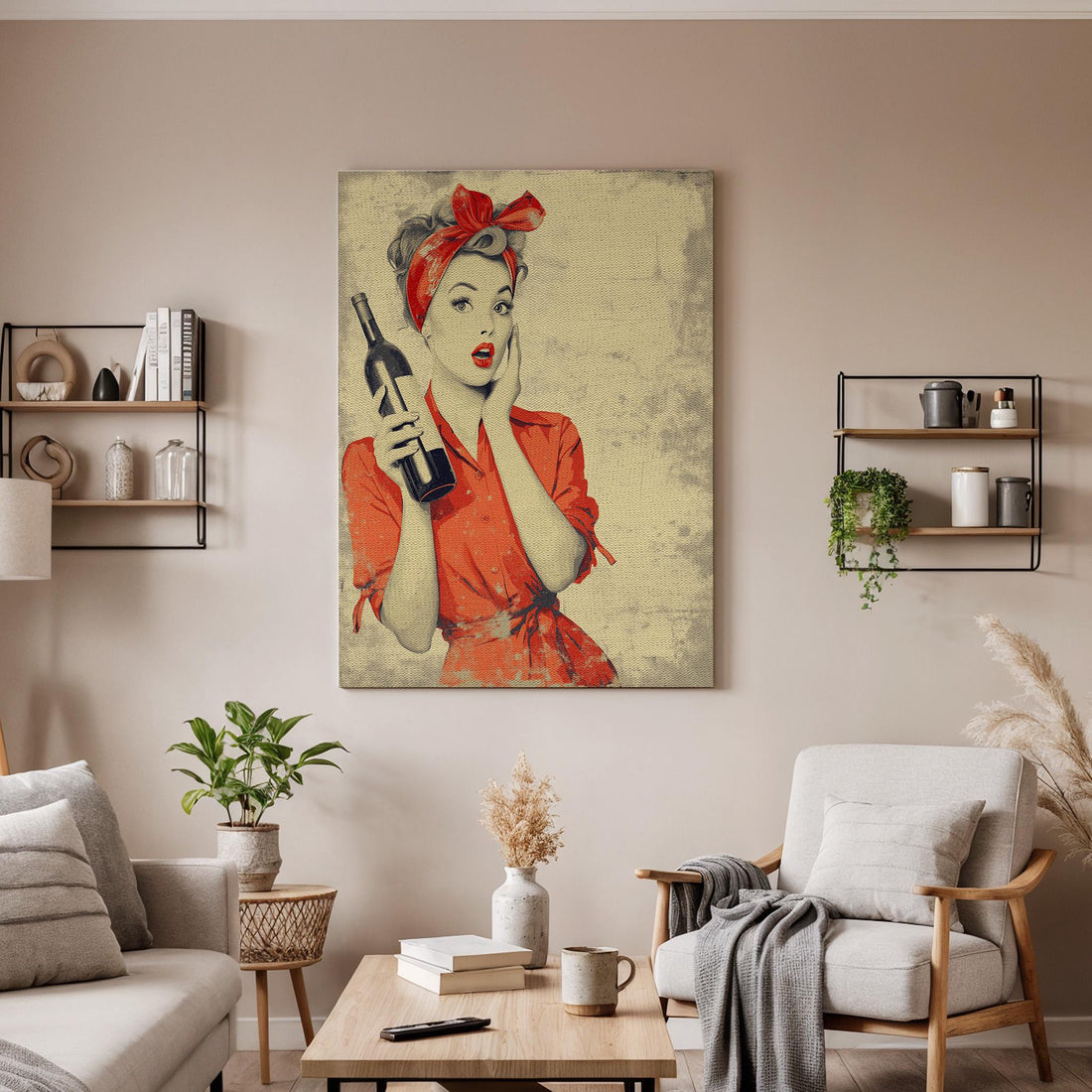 Retro Woman with Wine Bottle Canvas Wall Art, Vintage Pop Art Style Kitchen Print,Framed Colorful Artwork for Bar Dining Room or Wine Lovers